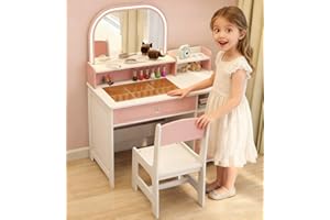 TaoHFE Pink Kids Vanity Table and Chair Set,Vanity for Girls Makeup Desk with Storage,Little Girl Vanitys with Mirror Light,Toddler Vanity Desk with Drawer for Girls