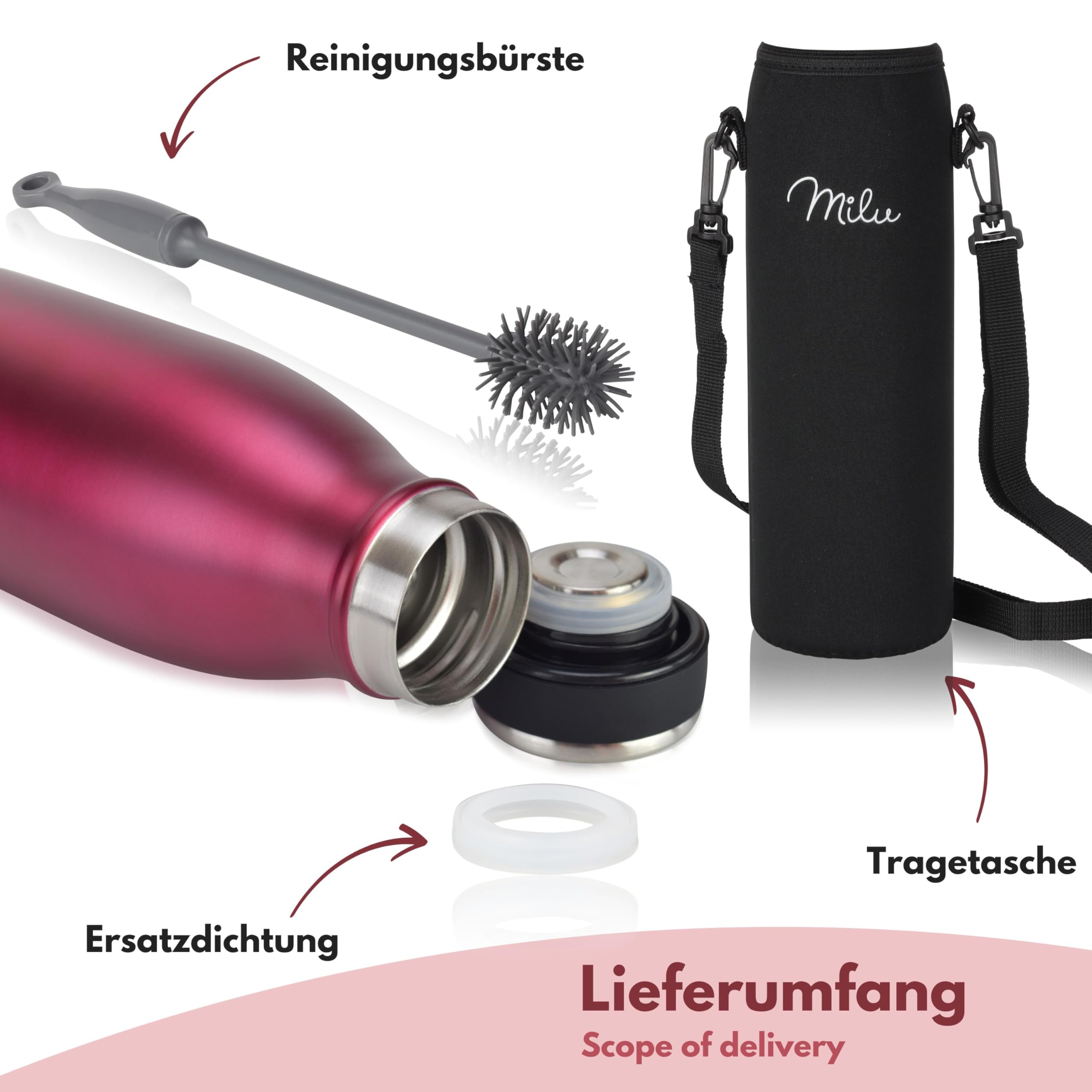 Milu Edelstahl Trinkflasche 350ml 500ml 750ml 1L 1,5L Thermosflasche, Isolierte Wasserflasche, Auslaufsichere Isolierflasche doppelwandig, Kohlensäure geeignet – inkl. Reinigungsbürste (Berry, 1000ml) 5
