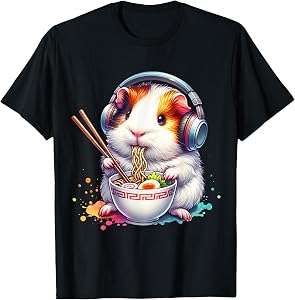 Funny Guinea Pig Listening to Music and Eating Ramen. Ramen T-Shirt