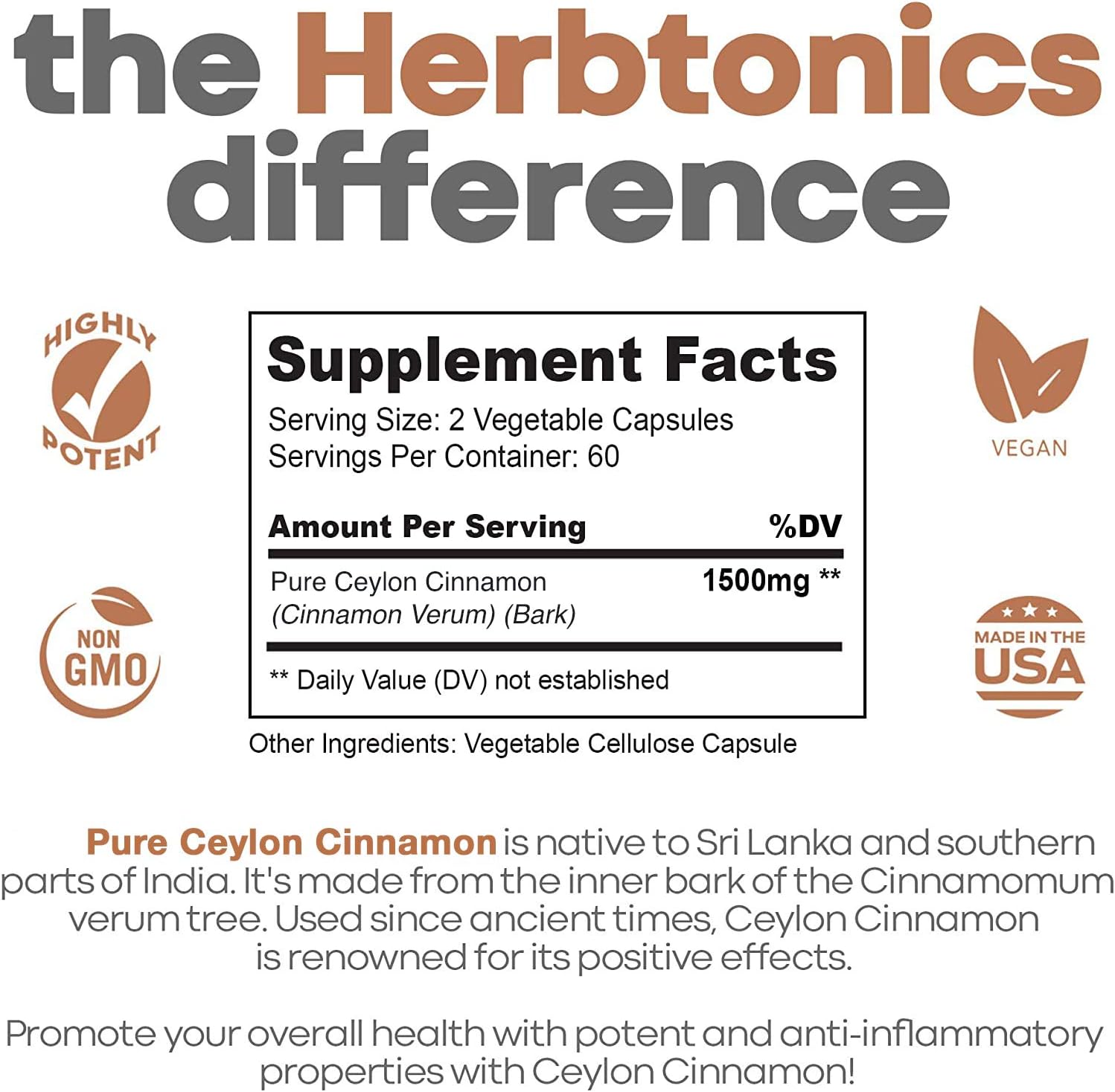 Ceylon Cinnamon Capsules 1500 mg 120 Capsules, True Ceylon Cinnamon, Blood Sugar Levels Support Supplement - Sri Lanka Cinnamon Ceylon Powder Joint Support: Health & Personal Care
