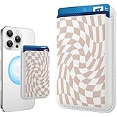 MOWIME Compatible with MagSafe Wallet, Cute Checkered Pattern for Women Girls, Stronger Magnetic Card Holder Phone Wallet for iPhone 17/16/15/14/13/12 Series, Fit 2 Cards, Beige