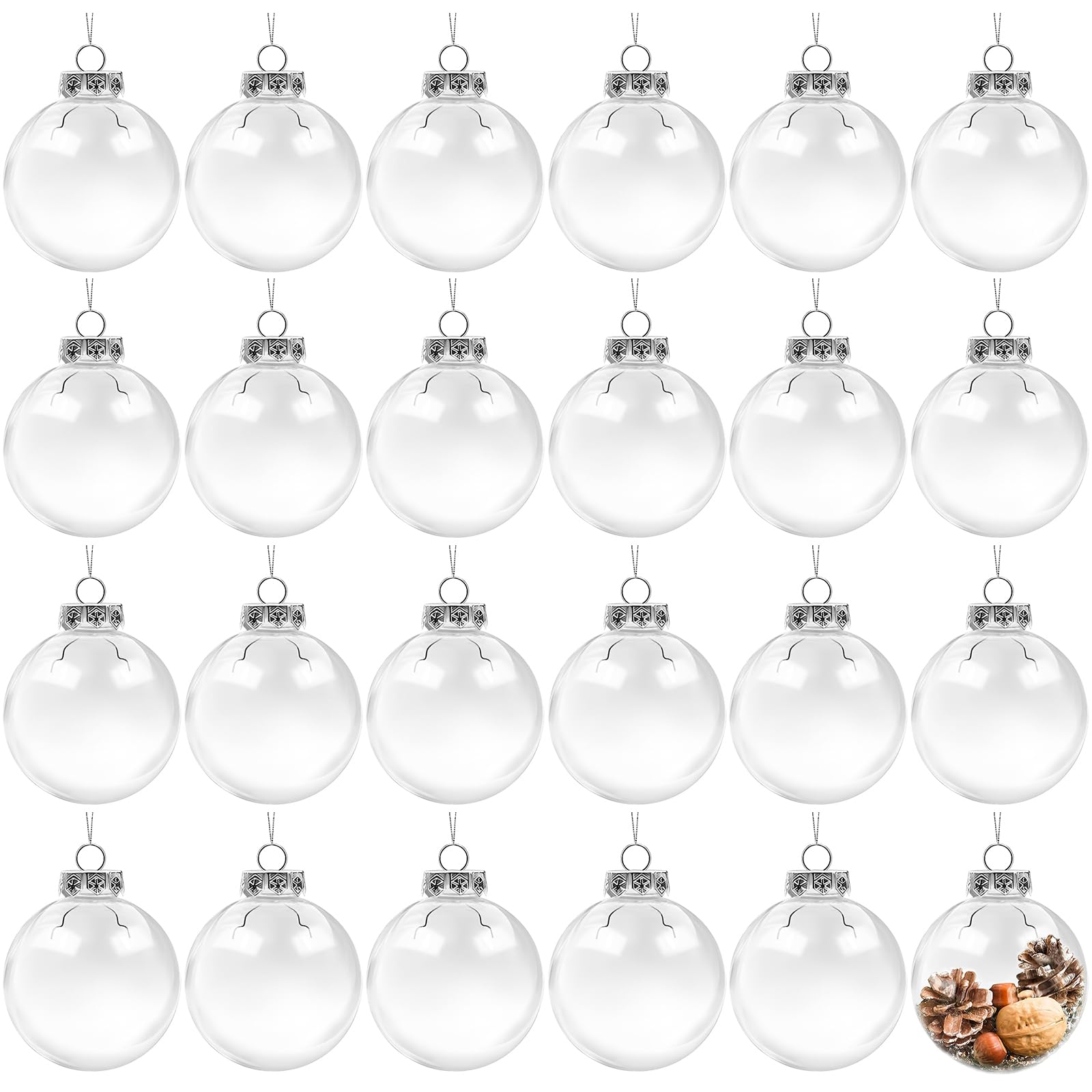 Photo 1 of 24 Pcs Clear Christmas Plastic Ornament Ball,Christmas Clear Baubles with Rope and Removable Metal Cap,Transparent Fillable Sphere Light Bulb for Christmas Tree Decor,2.4 inch