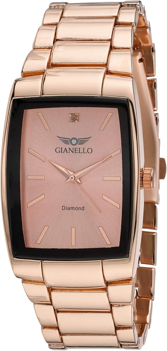 Gianello Mens Genuine Diamond Dial Tank Case Rosegold Stainless Steel