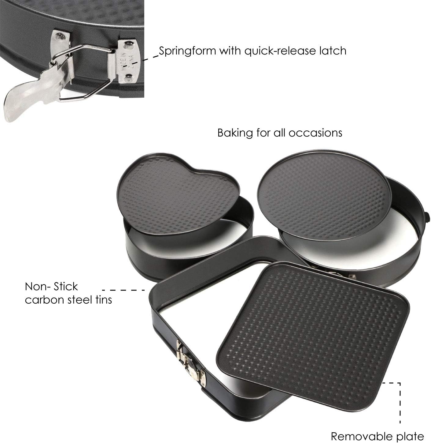 TRIXES Spring Form Cake Tin, Set of 3, Heart Square Round Shapes with Loose Base, Quick Release Springform Shapes - Image 4