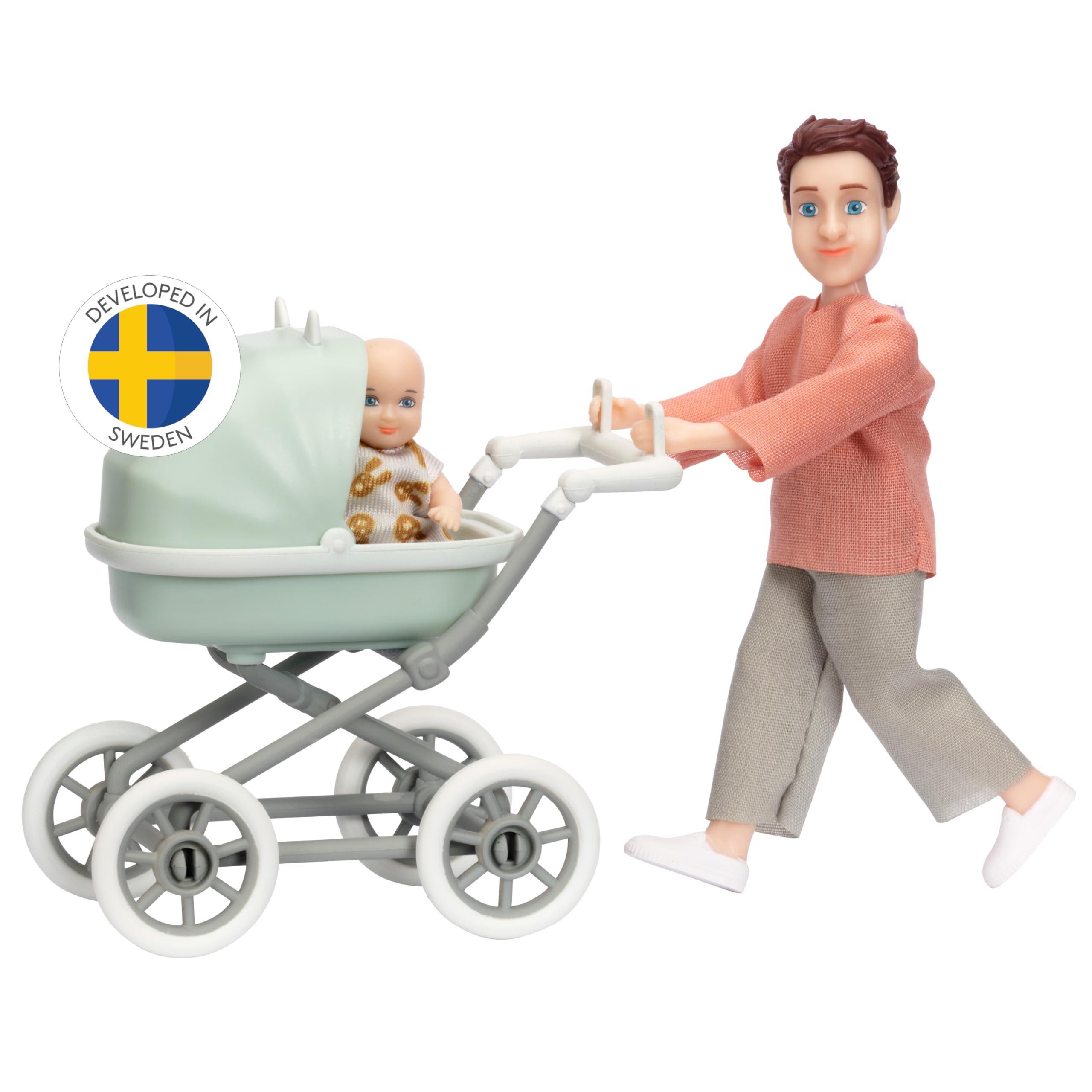 Lundby Dolls for Girls | Mini Pram & Adult + Baby Doll Set | 1:18 Dollhouse Accessories – Age 3+