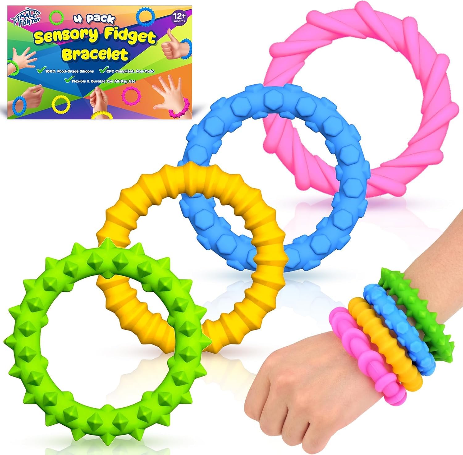 Sensory Fidget Toys Kids Toddlers - 4 Pack Chew Sensory Bracelet Calming Autism Toy Age 3+, Quiet Fidgets & Texture Anxiety Toys for Classroom Prizes, Gifts Christmas Stocking Stuffers for Kids โ image 1