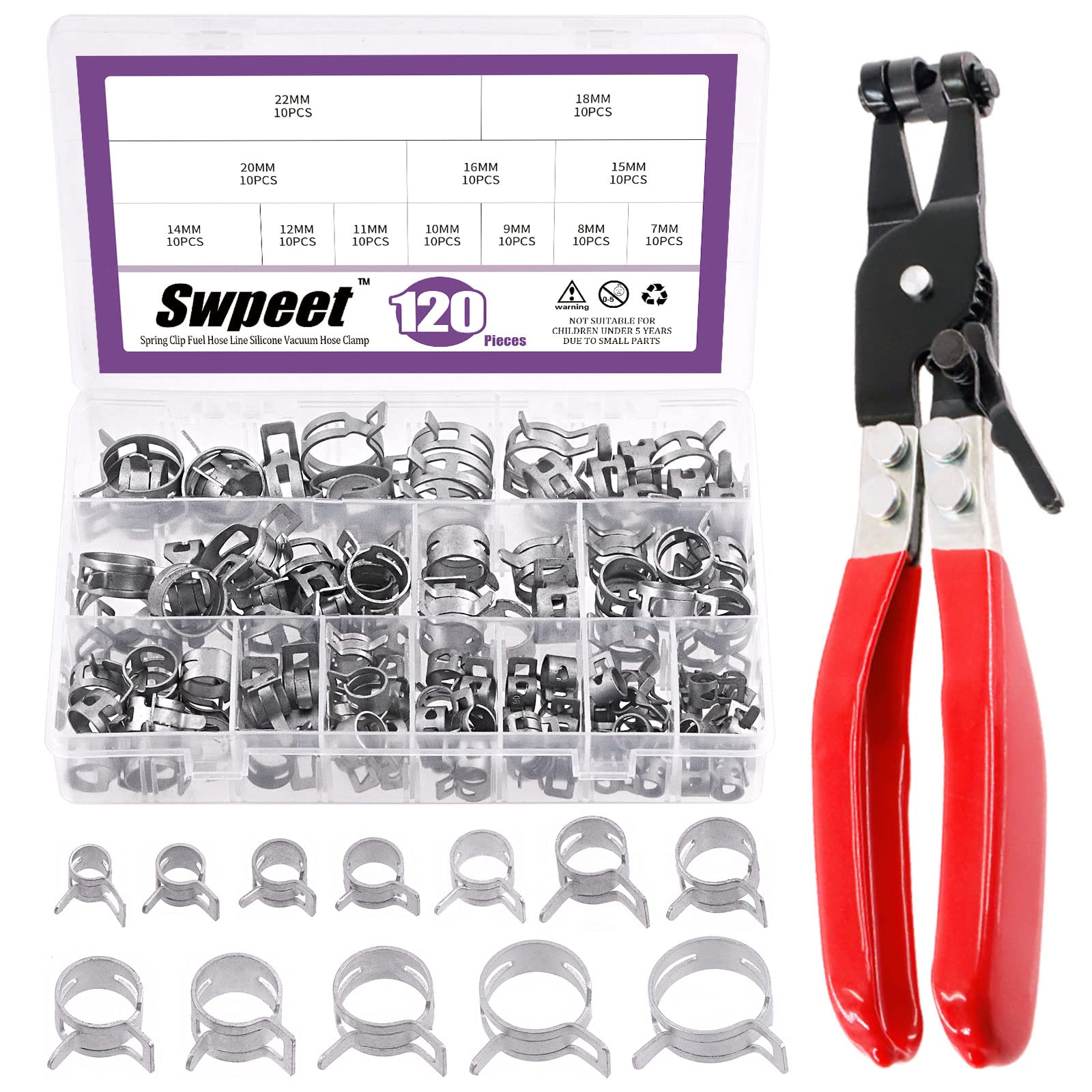 Swpeet 121Pcs 7-22mm Dacromet Spring Band Hose Clamps with Swivel Flat Band Fuel Hose Clamp Plier Assortment Kit, Silicone Vacuum Hose Action Pipe Clamp Low Pressure Air Clip Clamp for Hose Clamps