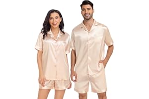 SWOMOG Satin Pajamas Sets Couple Silk Pjs Set Matching Button Down Sleepwear Short Sleeve2 PCS Lounge Set with pockets