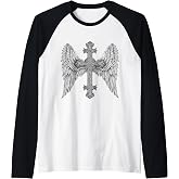 Gothic Cross and Angle Wings Graphic Punk Style Mens Womens Raglan Baseball Tee