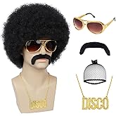 Guree Hair Men's Afro Wig for 70s Disco Party, 5pcs (Wig+ Glasses+ Necklace+ Mustache+ Wig Cap) 70s Outfits Costume for Cosplay Halloween Christmas Party (Black+Accessories)