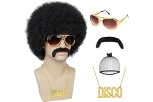 Guree Hair Men's Afro Wig for 70s Disco Party, 5pcs (Wig+ Glasses+ Necklace+ Mustache+ Wig Cap) 70s Outfits Costume for Cosplay Halloween Christmas Party (Black+Accessories)