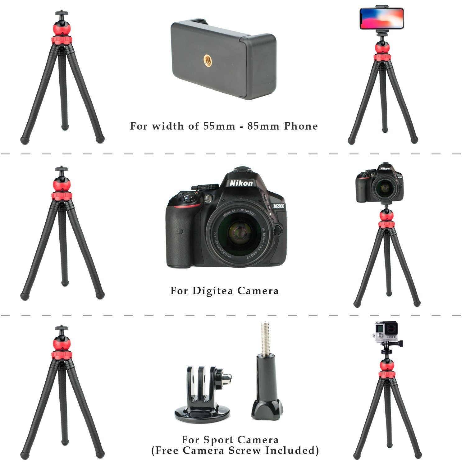 ZIMAIC Handy Stativ, Smartphone Stativ, Kamera Ständer, Flexibel Leicht Tripod mit Bluetooth Fernbedienung,Telefonhalterung Accessory, Kamera Accessory, Für Eine Vielzahl von Smartphone, Sport Kamera