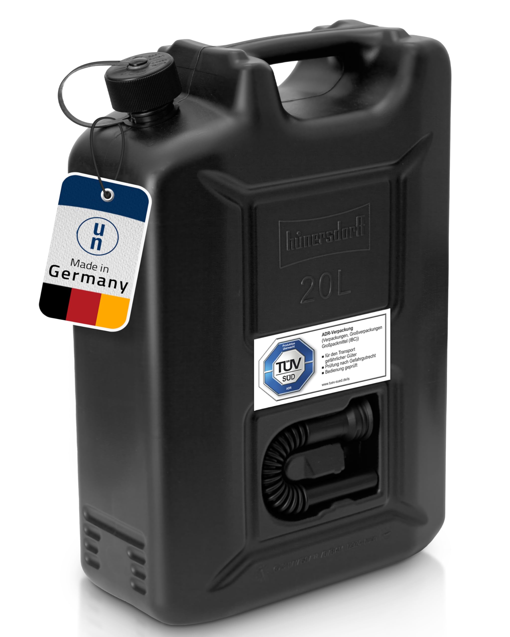 hünersdorff Kraftstoff-Kanister Profi 20L für Benzin, Diesel und andere Gefahrgüter, UN-Zulassung, Made in Germany, TÜV-geprüfte Produktion, schwarz