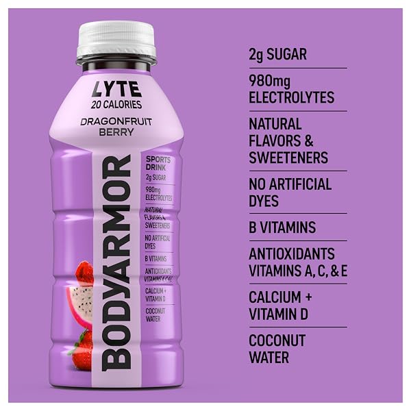 BODYARMOR LYTE SPORTS DRINK LOW-CALORIE SPORTS BEVERAGE, DRAGONFRUIT BERRY, COCONUT WATER HYDRATION, NATURAL FLAVORS WITH VITAMINS, POTASSIUM-PACKED ELECTROLYTES, PERFECT FOR ATHLETES, 16 FL OZ BOTTLE (PACK OF 12)