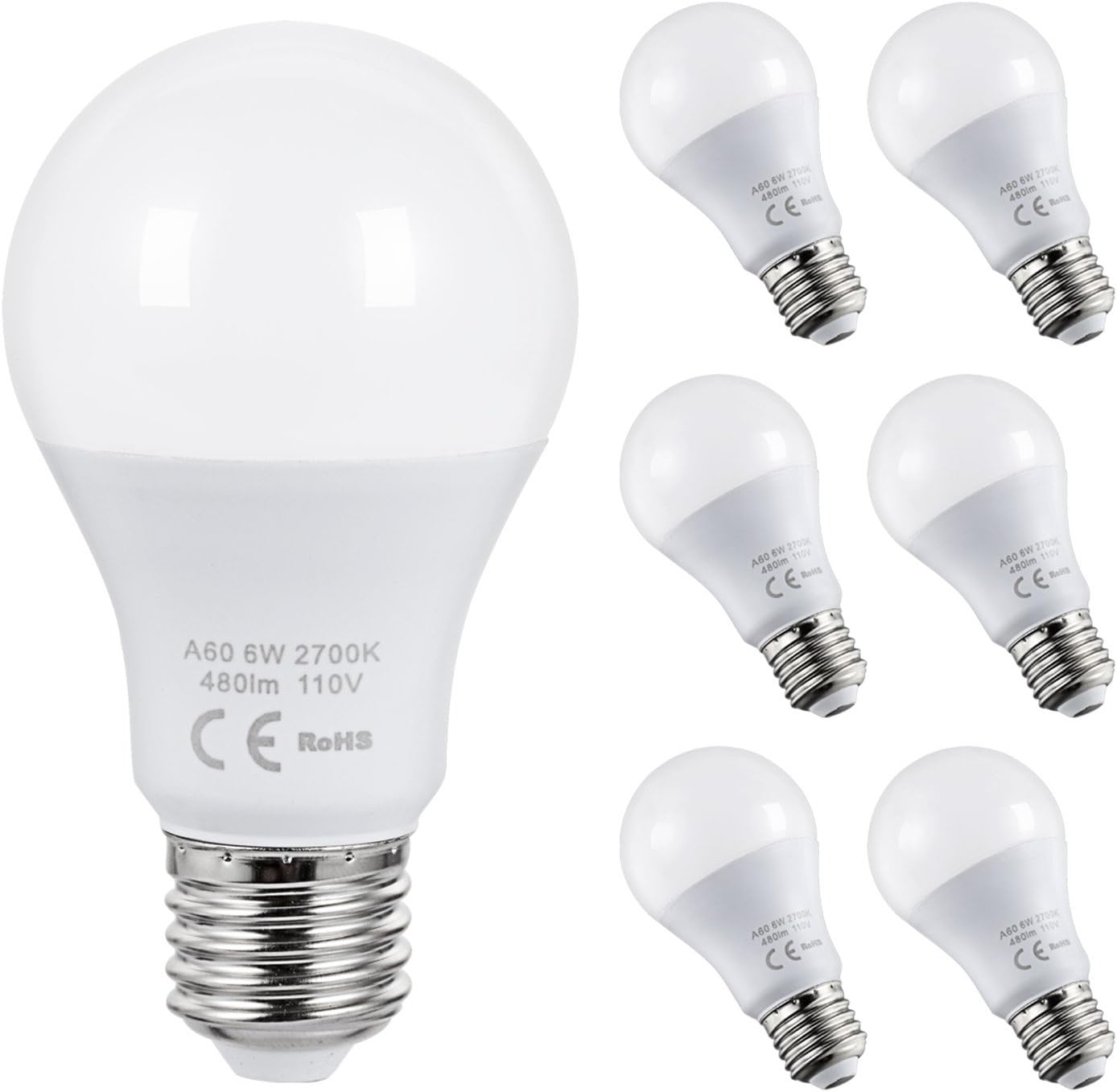 AED Lighting 6 Watt LED Globe Bulbs A60/A19 Warm White 2700K LED Light Bulbs, 60W Equivalent Replacement Medium Screw Base E27/E26 Bulb, Non-dimmable 480lm, Pack of 6