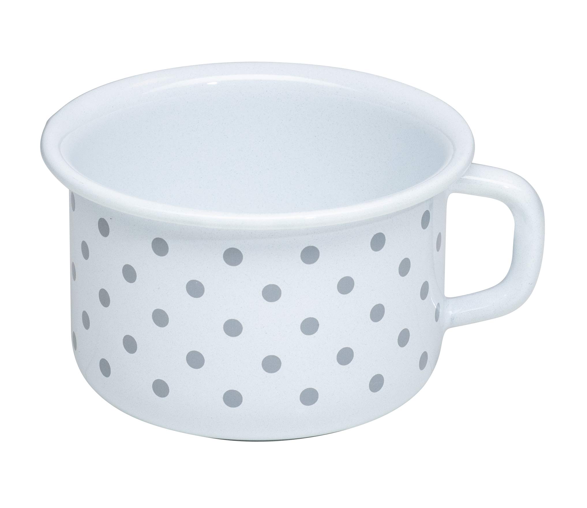 Riess, 0299-066, Coffee bowl 10, Coffee mug, Country - PÜNKTCHEN GRAU, diameter 10 cm, height 7,4 cm, capacity 0,4 litre, enamel, white with grey dots, 0,238kg, 13,4 x 11,4 x 7,4cm, induction