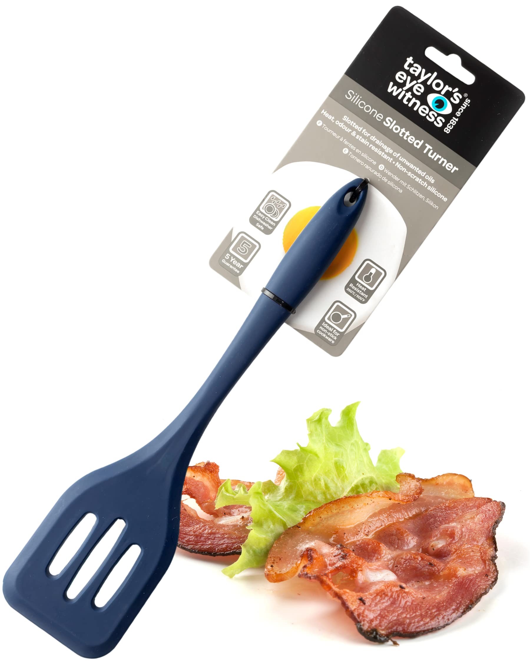 Taylors Eye Witness Large Silicone Denim Blue Slotted Spatula - Dishwasher Safe. Great for Non-Stick Frying Pans. Slotted for Drainage. Odour, Stain & Heat Resistant (260°C/500°F). 5 Year Guarantee