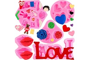 COUUWICK Valentine's Day Molds Heart Shaped Silicone Chocolate Fondant Cake Candy Molds Lips Heart Rose Flower and Love Letter Molds for Cupcake Topper Polymer Clay Soap Wax Making Decor