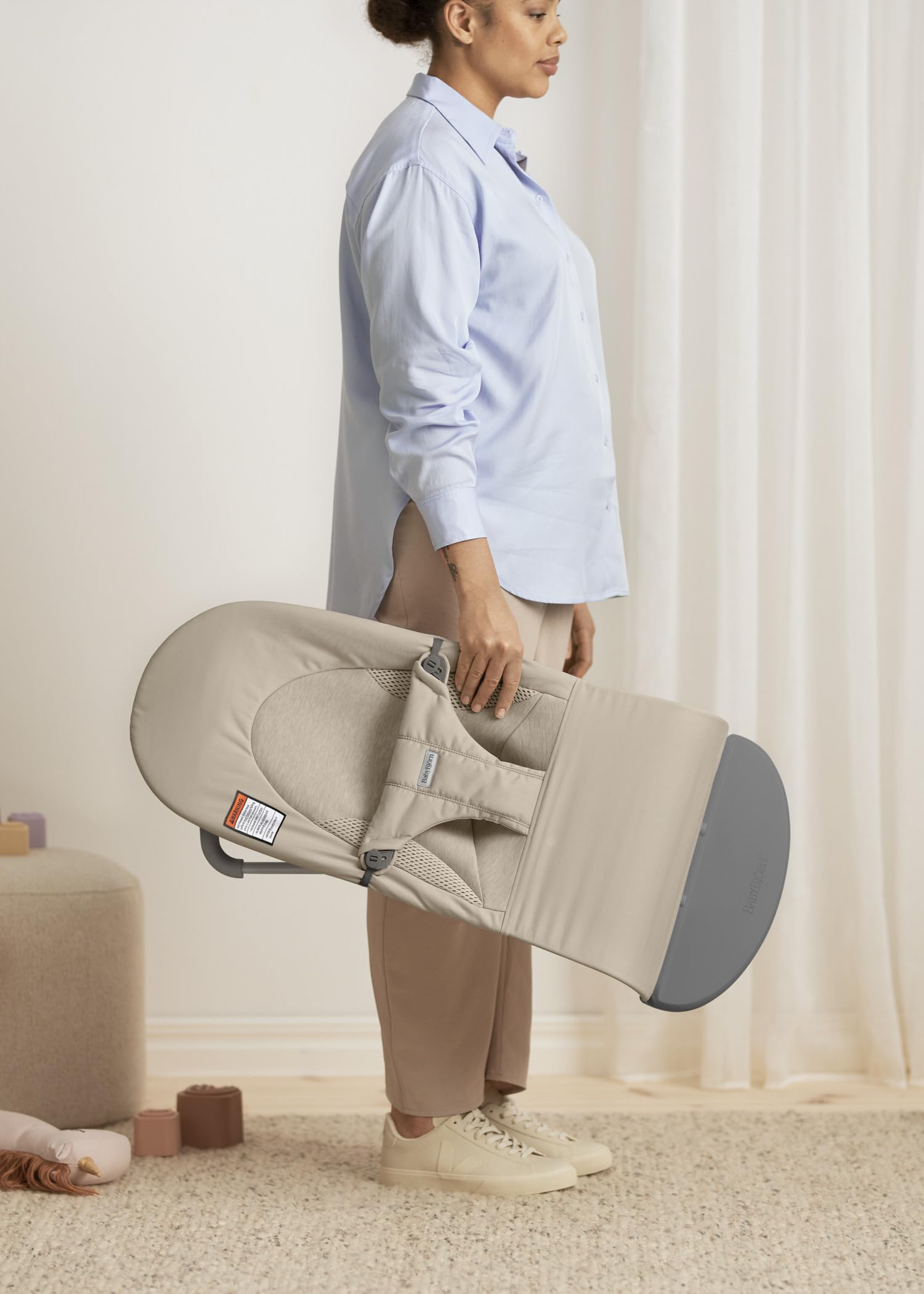 BabyBjörn Bouncer Balance Soft, Tri-Fabric, Sand Grey | 2-in-1 Adjustable Baby Bouncer Seat and Toddler Chair, Newborn to Toddler (8-29 lbs), 4 Positions, Lightweight & Portable