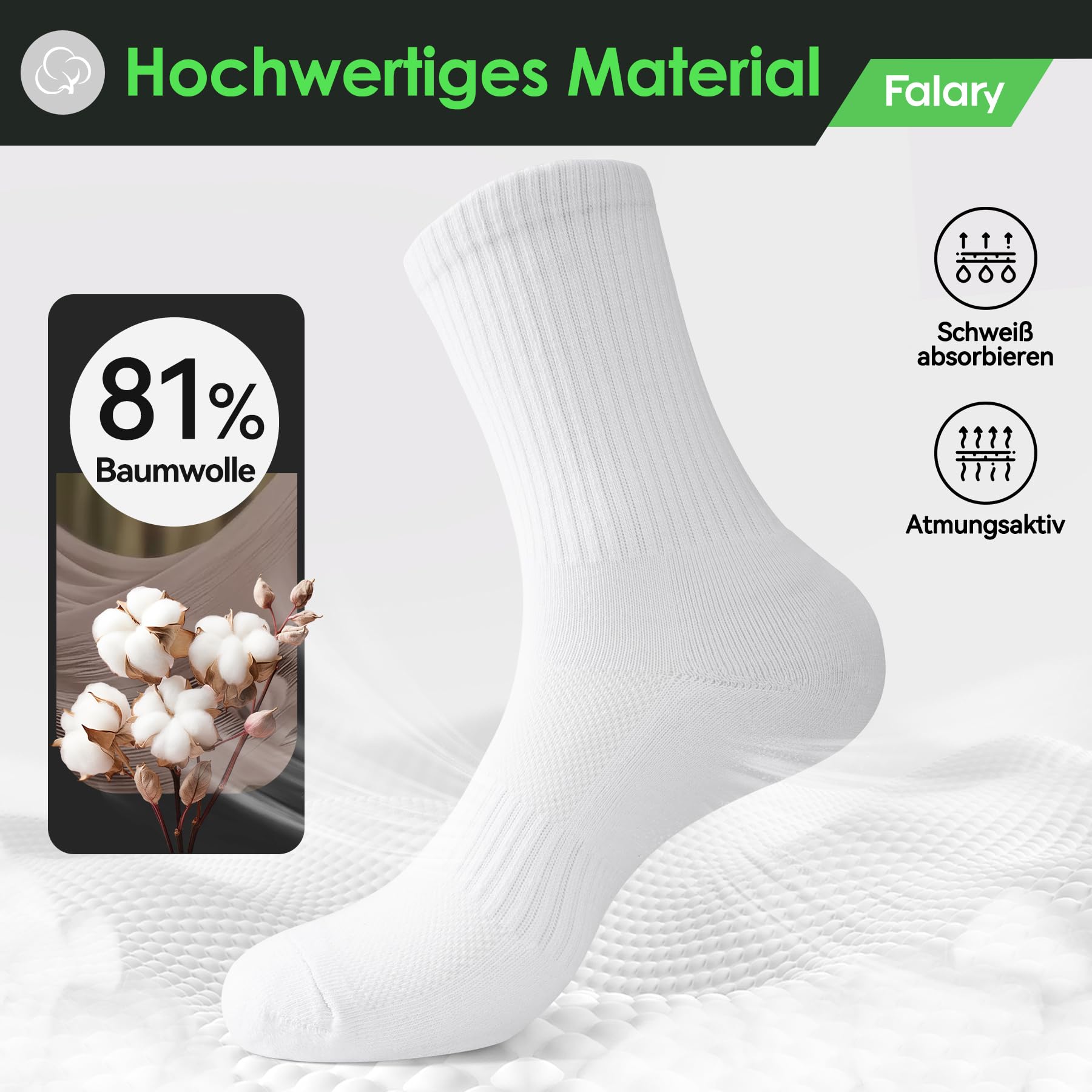 FALARY Tennissocken Socken Herren 39-42 Sportsocken,Damen Laufsocken Wandersocken Atmungsaktive Baumwollesocken Weiß 3 Paar 6