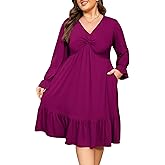 Baosuu Women's Plus Size Dress Casual Long Sleeve V Neck Twist Knot Front Flowy Dress