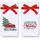 NEWLIGHTURE Christmas Hand Towels 2 Pack 100% Cotton Merry Christmas Truck Embroidery Towels for Bathroom & Kitchen Decor, Holiday Hand Towels with Detachable Red Bow for Christmas Decor