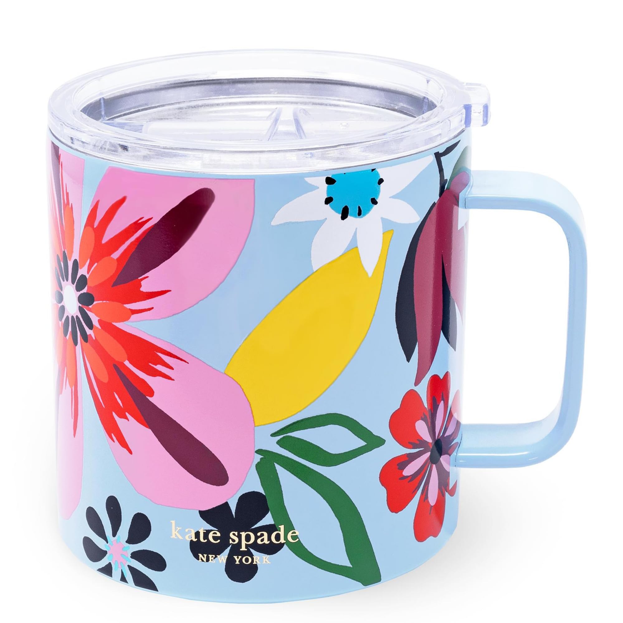 kate spade new york Stainless Steel Insulated Mug with Handle and Lid, 16 Ounce Double Wall Tumbler, Reusable Coffee Travel Mug for Hot and Cold Drinks (Safari Floral)