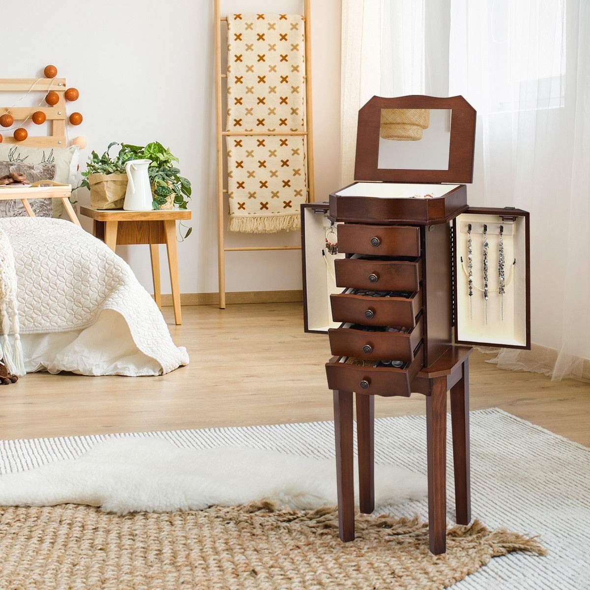 Gentleshower Cabinet With Mirror Jewellery Box Organizer Wooden Jewelry Storage Armoire Hanging 5 Drawer Brown