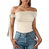 DIKGROP Off The Shoulder Tops for Women Tie Shoulder Ruched Going Out Slim Fit Sexy Solid Y2K Summer Tops