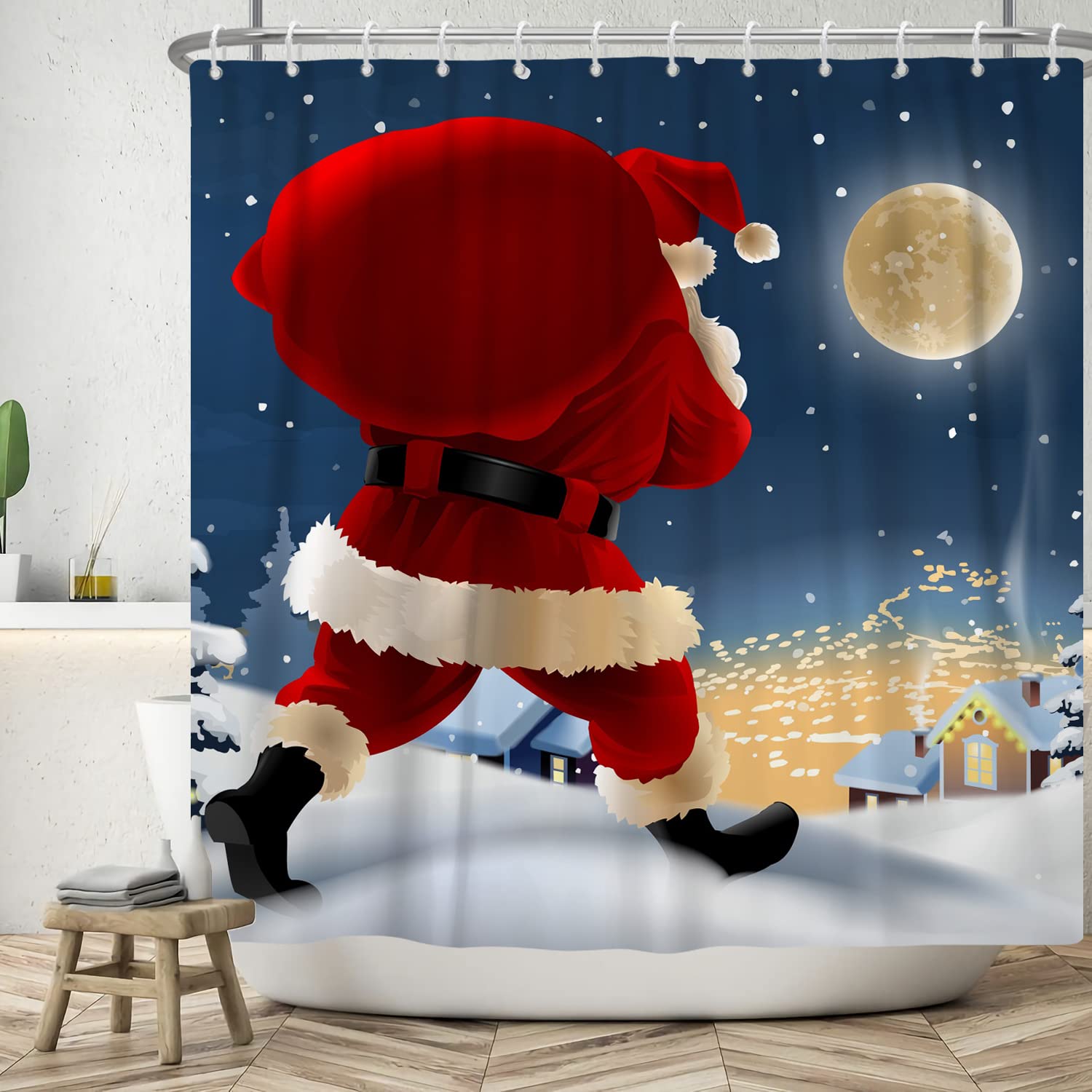 Bovlleetd 60x72inch Santa Claus Shower Curtains Merry Christmas Shower Curtain Full Moon Stars Santa Claus Delivering Gifts Bathroom Art Curtain Waterproof Bathtub Curtain with Hooks