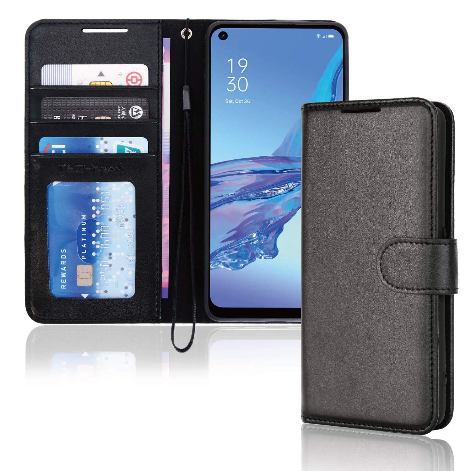 TECHGEAR Leather Wallet Case for Oppo A53 / A32, Flip Protective Case Cover with Wallet Card Holder, Stand & Wrist Strap - Black PU Leather with Magnetic Closure