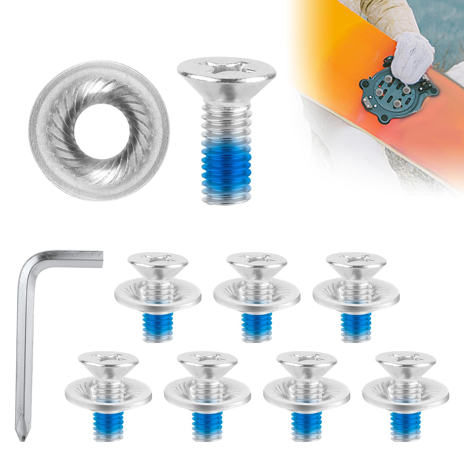 8pcs Snowboard Binding Screw Set, Snowboarding Mounting Screws with Screwdriver Snowboard Bindings Replacement Parts Snowboard Screw Fixed Accessories for Skiing Outdoor Sports