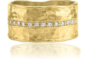 JEAN RACHEL JEWELRY 14K Gold Over Sterling Silver Statement Rings With 0.13 TCW Half Eternity Cubic Zirconia, Hammered Wide Band, Gold Rings, Gifts For Women, Aesthetic Jewelry, Rings For Women, Gold Jewelry For Women