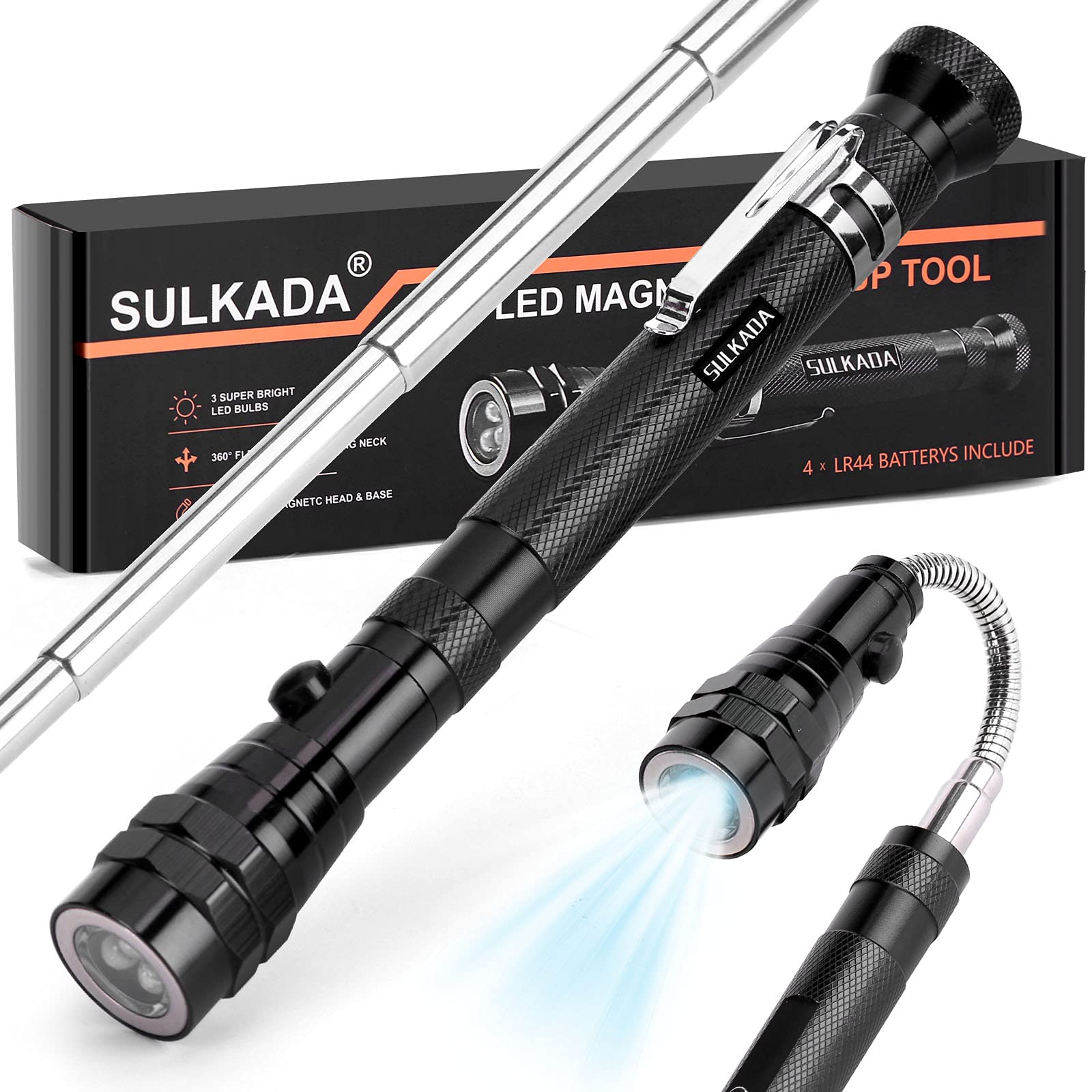 SULKADA LED Magnetic Telescoping Pick up Tool with LED Light, Flexible Neck,Gadgets Gifts for Men/Dad/Women