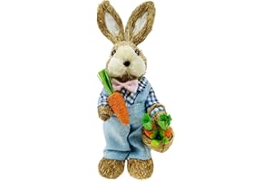 DearSun 14" H Easter Straw Bunny Figurine Tabletop Decor, Blue Sisal Rabbit Holding Carrots, Spring Party Garden Table Decor Centerpiece for Home Office Kitchen Farmhouse;