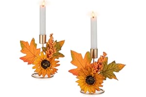 Romadedi Fall Candle Holder for Thanksgiving: Candlestick Holders Decor for Autumn Table Centerpiece Gold Party Decoration Indoor Kitchen Dining Fireplace Mantel Sunflower Maple Leaves Set of 2