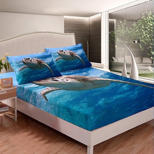 Amazon Sea Turtle Bed Sheet Set Marine Life Ocean Themed Fitted