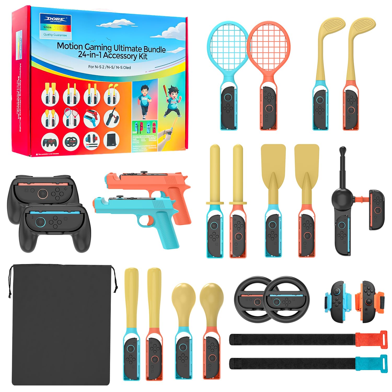 24-in-1 Accessory Kit Compatible with Nintendo Switch 2/NS/NS OLED, Motion Gaming Ultimate Bundle, Enhance Sports & Action Games with Tennis Rackets, Golf Clubs, Steering Wheels & More - Includes Storage Bag