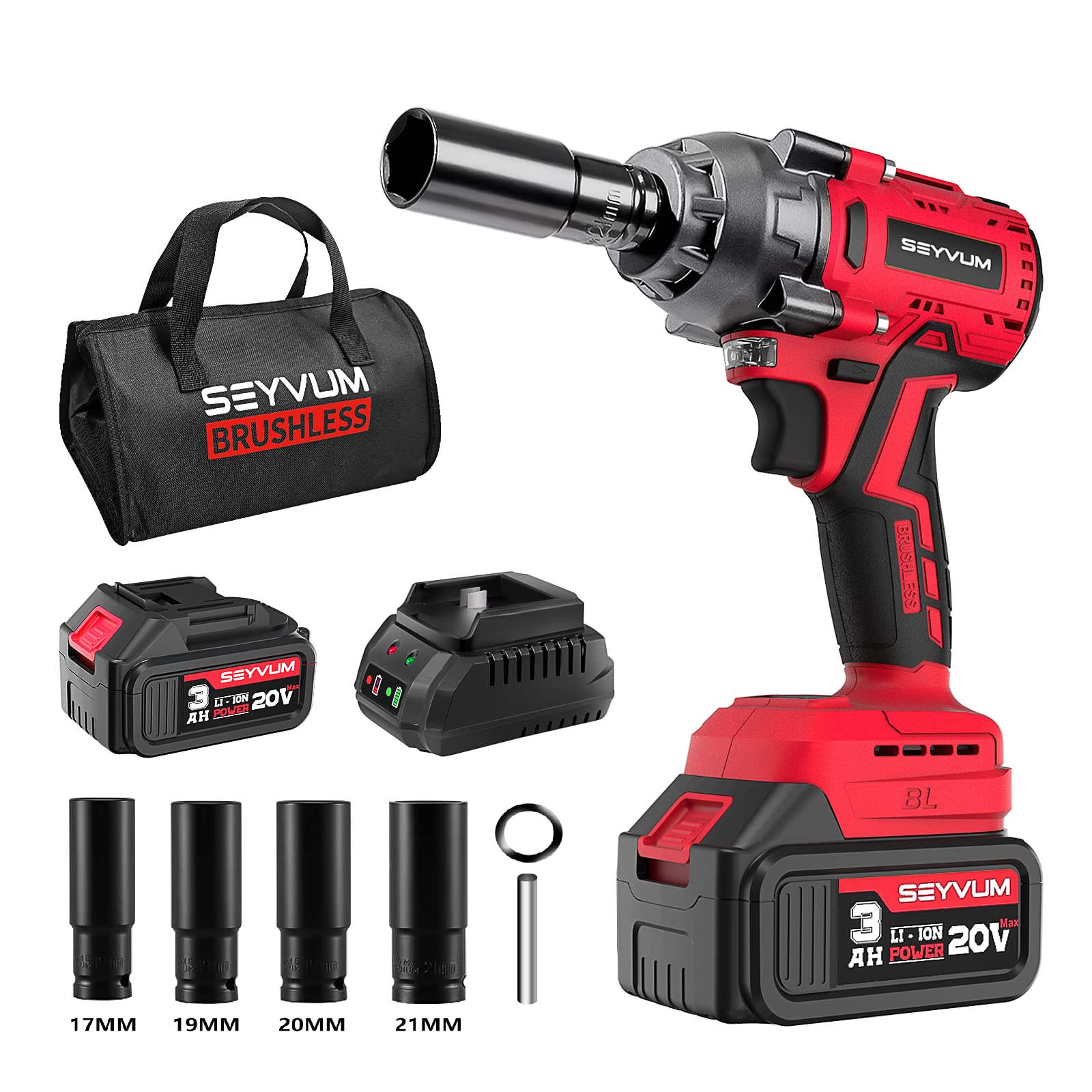 Photo 1 of SEYVUM Impact Wrench,1/2" Impact Gun, Power Impact Driver Max Torque 320 Ft-lbs (430N.m), Cordless Impact Wrench with 20V Brushless Motor, 3.0Ah Li-ion Battery with Fast Charger, 4 Pcs Impact Sockets