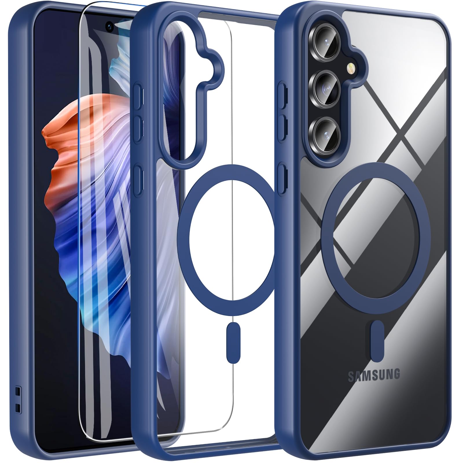Hensinple Case for Samsung Galaxy A55 5G/A35 5G with Screen Protector, Compatible with MagSafe Military Shockproof Rugged Heavy Duty Protection Slim Clear Cover Phone Case(Blue)