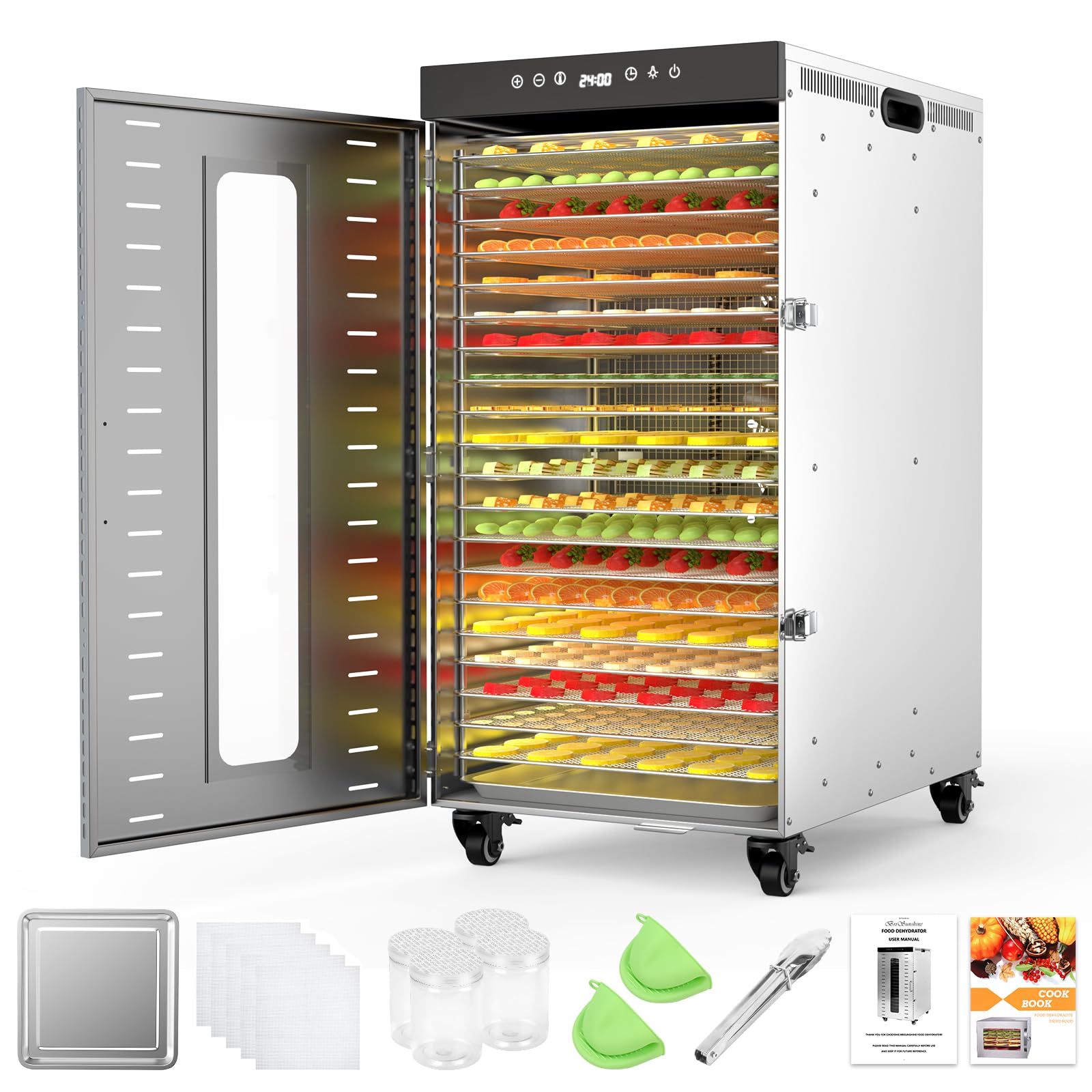 Photo 1 of *CANT CLOSE DOORS DUE TO DENTS* BriSunshine Commercial Dehydrator, 20-Layer Food Dehydrator with Triple Fans, LED Light, 1600W, 24H Timer, Large Food Dehydrators for Homemade Jerky, Fruit, Pet Treat, Veggies, Herb, and Snack