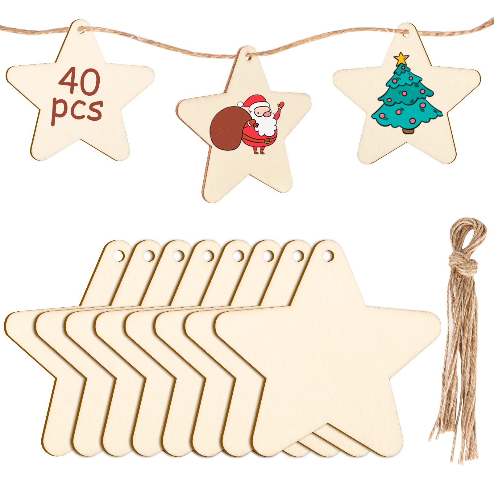 40pcs Christmas Wooden Star Ornaments Hanging Star Crafts DIY Embellishments with Twine for Christmas Tree Decoration