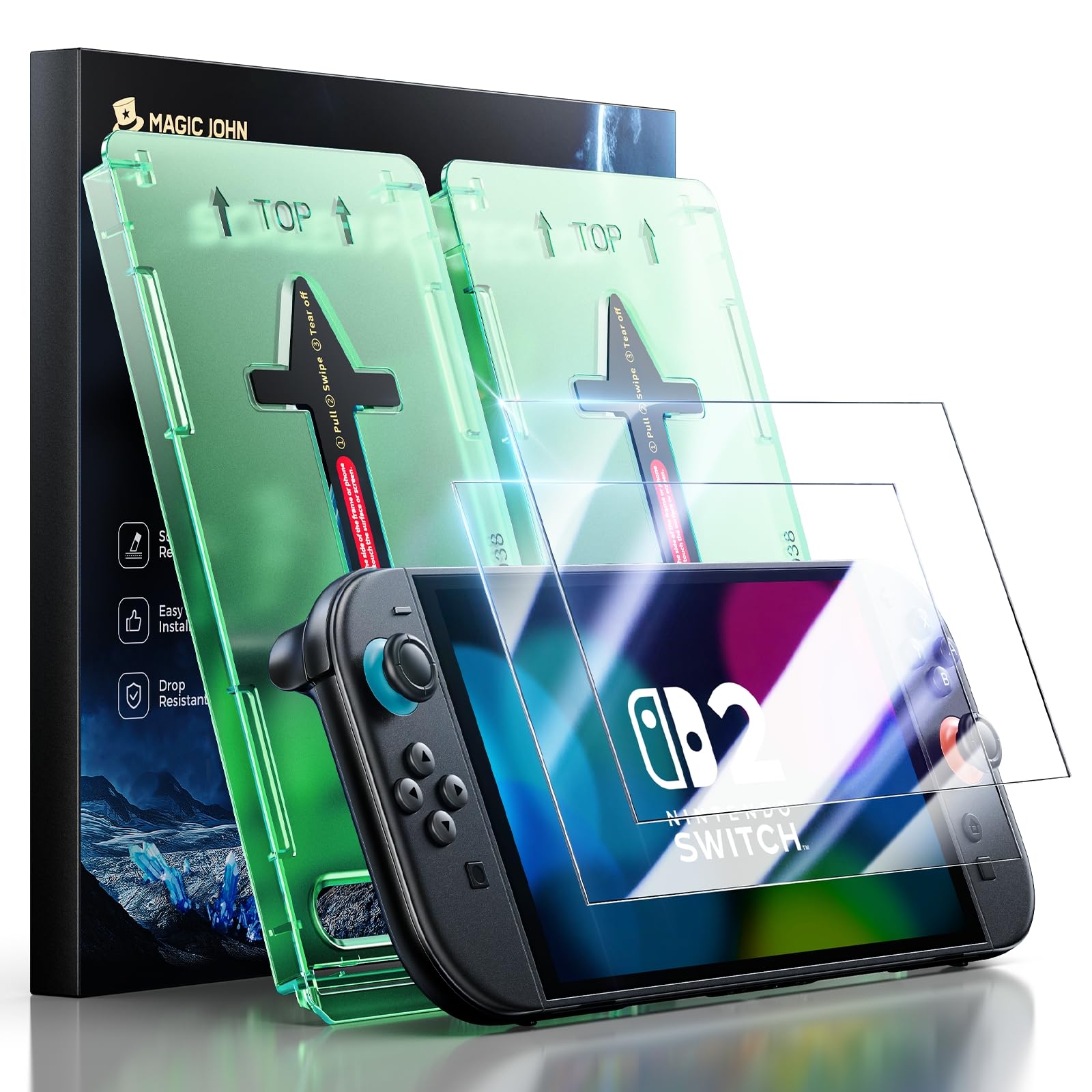 MAGIC JOHN for Nintendo Switch 2 Eye Protection Screen Protector 7.9'' 2025, Anti-Glare, Blue Light Filter, HD Clear, Automatic Dust Removal, 9H Tempered Glass, Compatible with Switch Console, 2 Pack
