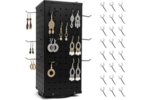 HOSASSPER Rotating Pegboard Display Stand with 24 Metal Hooks, 4-Sided Spinning Organizer Rack for Retail, Craft Shows, Vendors, Accessories, Jewelry, and Product Display (Black)