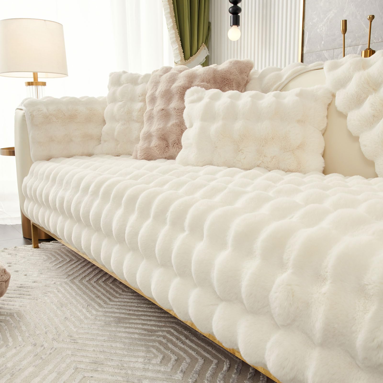 Topchances Soft Plush Sofa Cover - New Non-Slip Sofa Covers 1 2 3 Seater, Rabbit Faux Fur Couch Covers, Fluffy Couch Cover, Sofa Cover L Shape Furniture Protector for Living Room (Beige, 90x210)