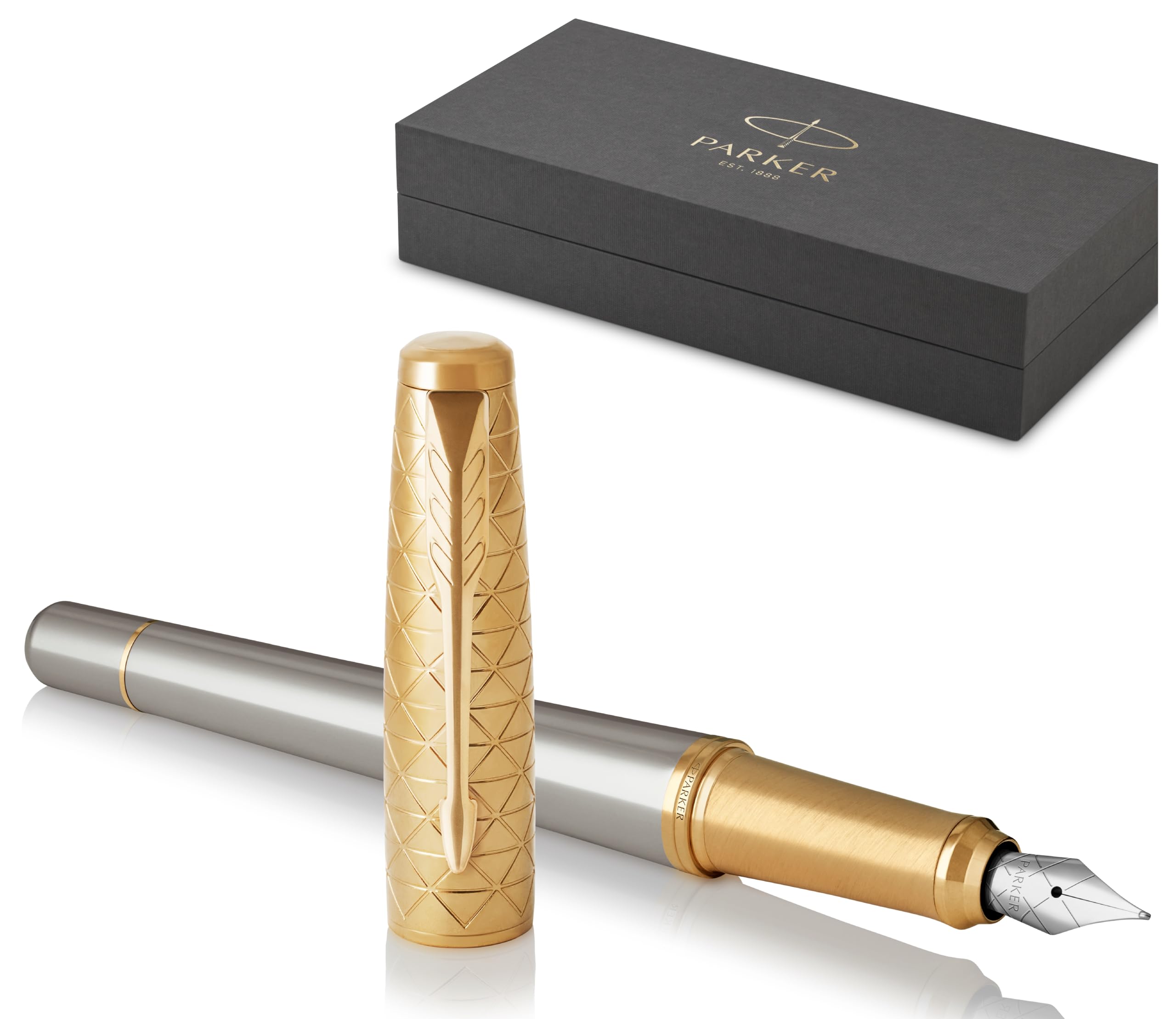 Parker Urban Premium Metal Fountain Pen | Aureate Gold Powder with Intricate Engraved Pattern | Gold Trims | Medium Nib | Black Ink | Luxury Gift Box