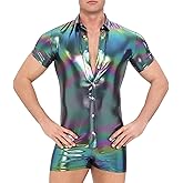 Landofgenie Mens Metallic Bodysuit Trippy Shiny Henley Jumpsuit Short Sleeve Button Up Romper for Disco Party Costume