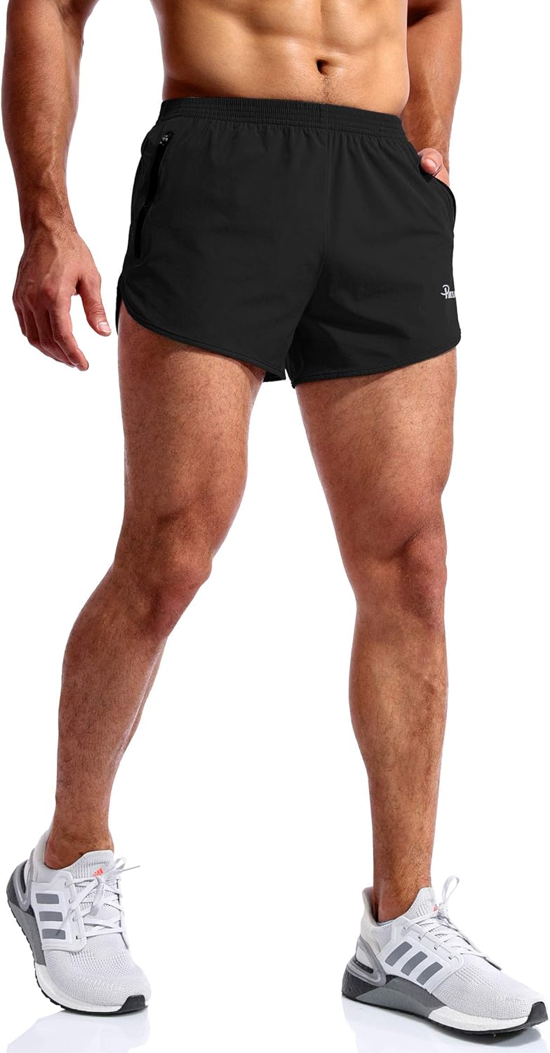 Pudolla Men’s Running Shorts 3 Inch Quick Dry Gym Athletic Workout Shorts for Men with Zipper Pockets: Clothing