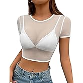 Avidlove Mesh Crop Top for Women Short Sleeve Bodycon Tees Y2k See Through Blouse O Neck Clubwear