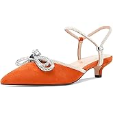 Aachcol Womens Close Toe Rhinestone Bow Kitten Heels Pointed Toe Low Heel Bow Pumps Adjustable Ankle Strap Bridal Prom Wedding Dress Shoes